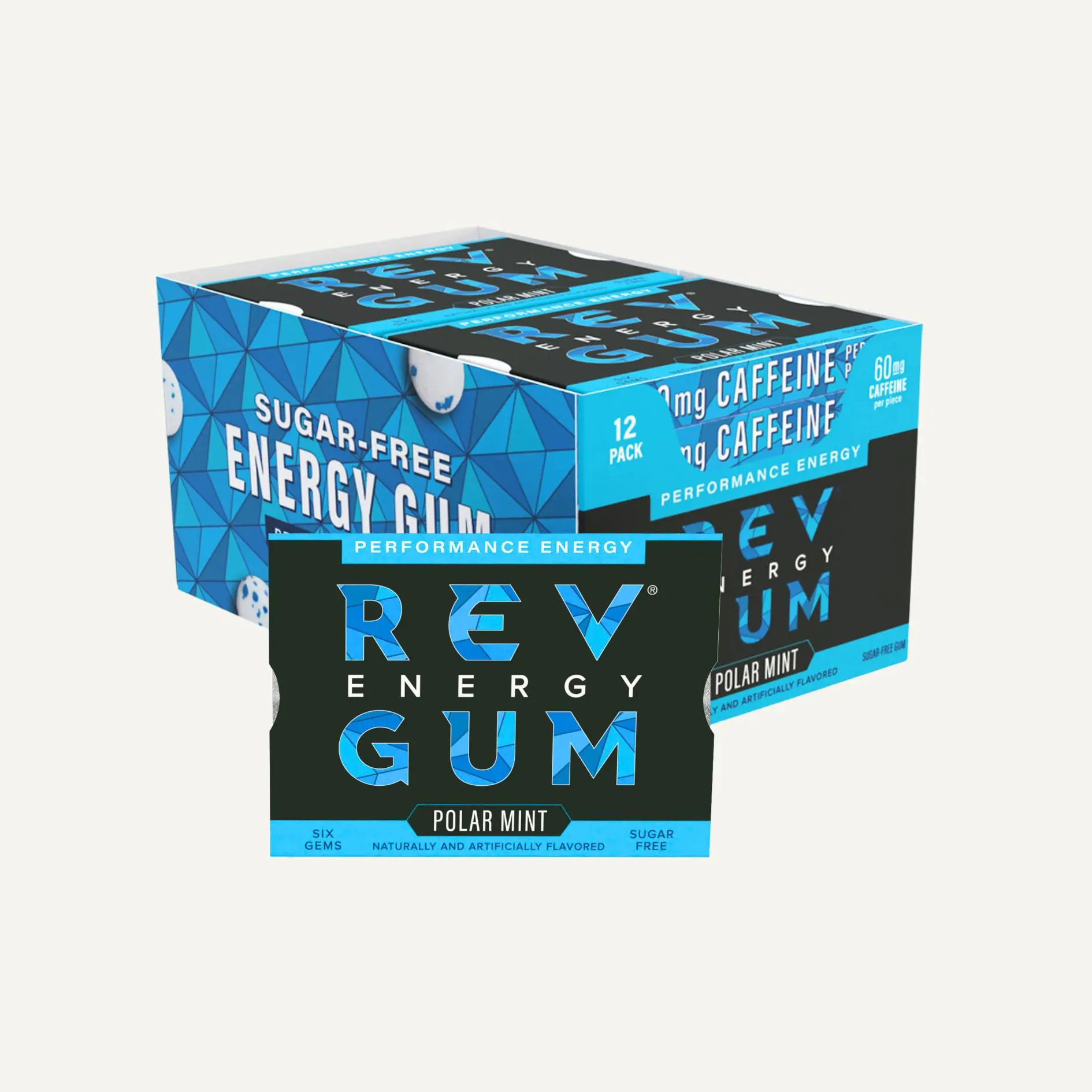 REV Gum Caffeine Energy Gum Polar Mint Flavor 60mg Caffeine Per Gem Sugar Free Performance Formula 12 Packs 72 Count Functional Gum For Alertness Focus - Sport