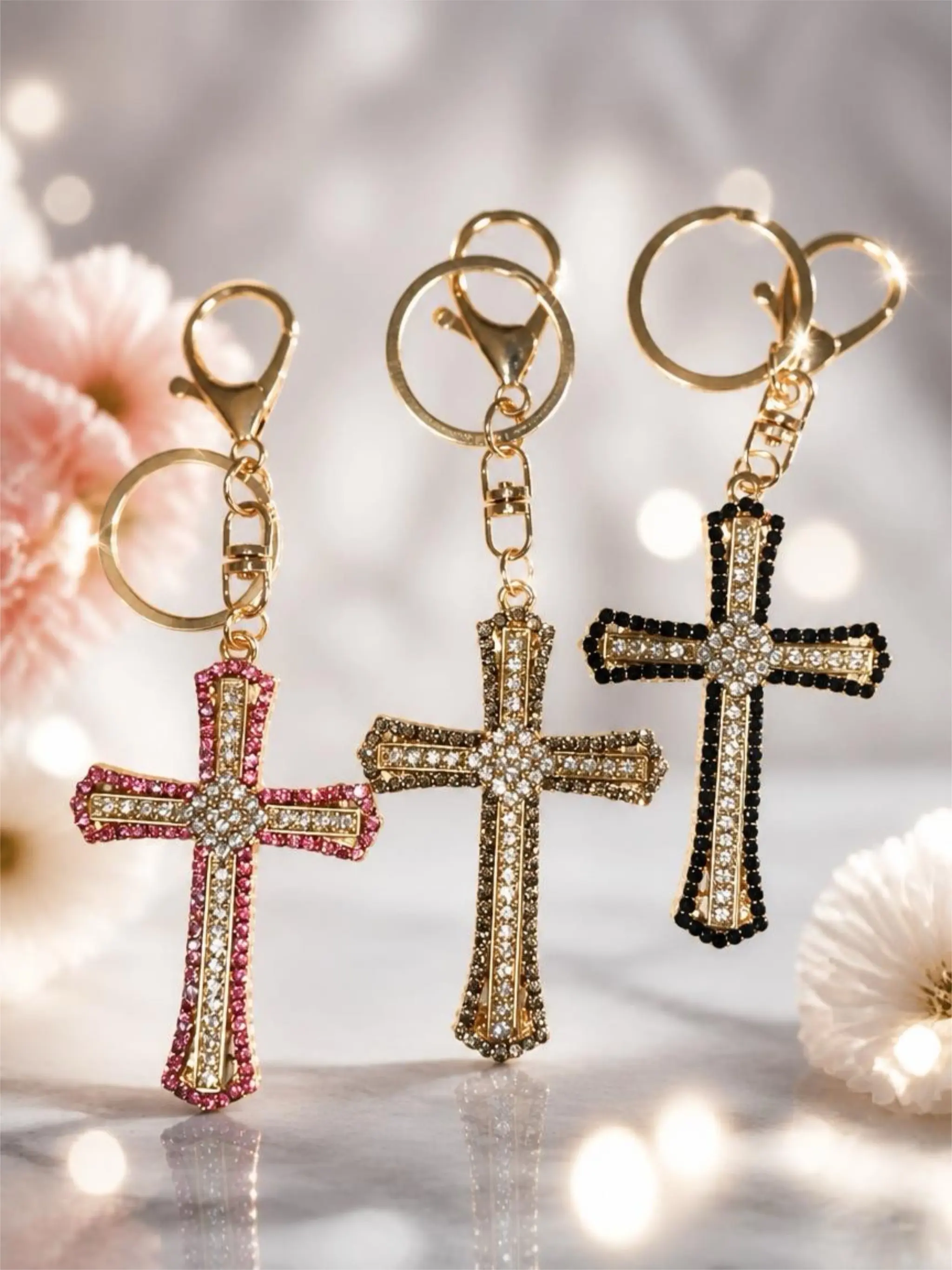 Elegant Cross Keychains with Rhinestones in Gold, Pink, and Black Colors for Stylish Accessories