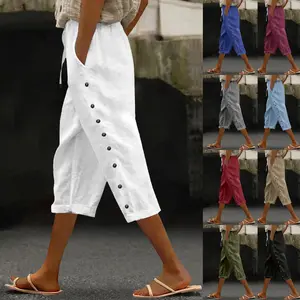Linen Capri Pants Women 2026 Spring Summer Casual Drawstring Side Button Elastic Waist Straight Wide Leg Cropped Pant
