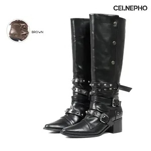 CELNEPHO Womens Knee High Boots Pointed Toe Chunky Block Heel Fashion Boot Classic Buckle Snap off Knight Boots Easy Pull on Classic Retro Rivet Design Cowboy Boot Outdoor Events Western Party Casual Wear Gift Tall Trendy  Dress Shoes