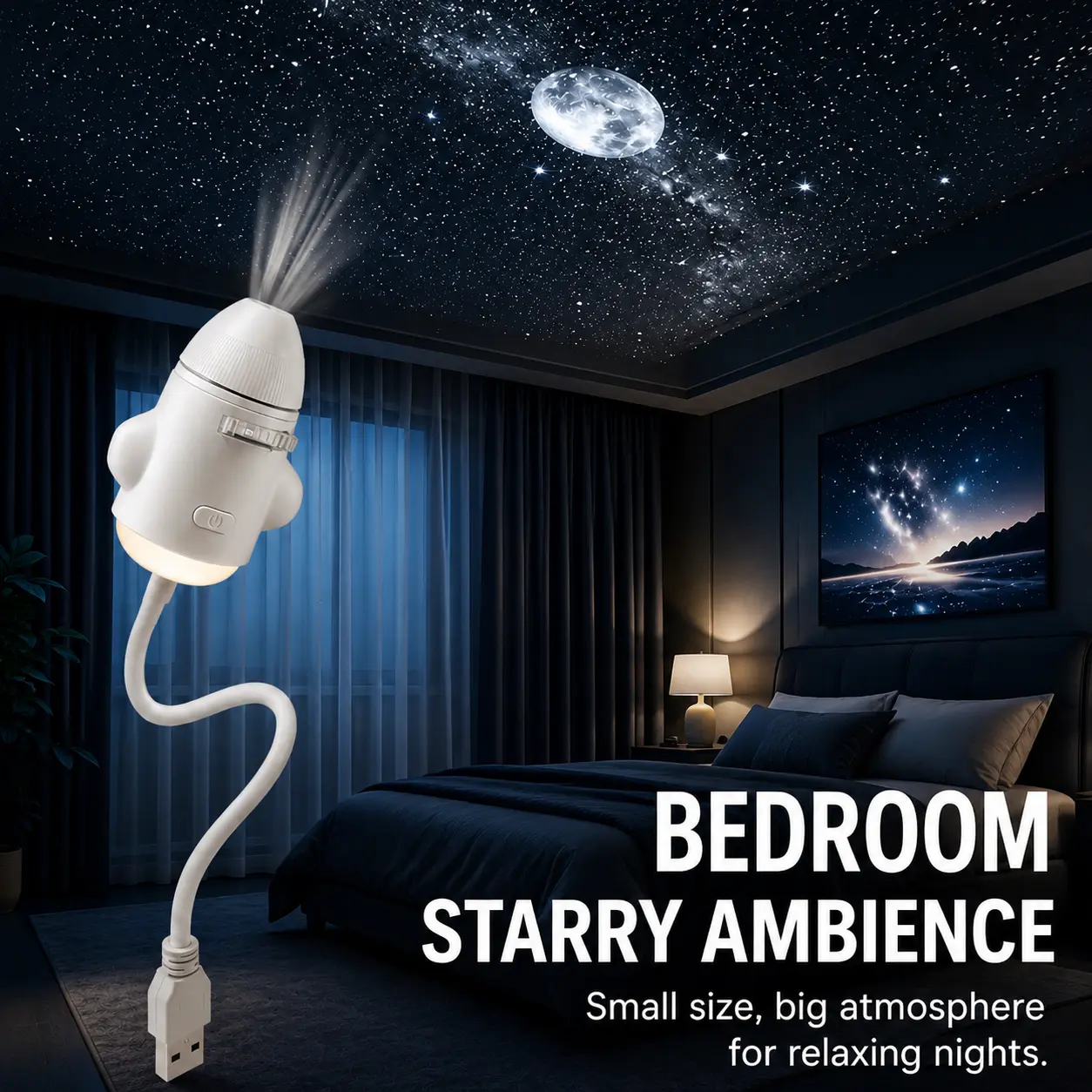 Galaxy Star Projector Rocket Night Light - 6 Easy-Swap Scene Slides, Flexible Gooseneck, Warm Dimmable Modes, USB Plug & Play, Bedroom Decor, Kids' Holiday Gift, Halloween Colorful Projection Decor LED Set