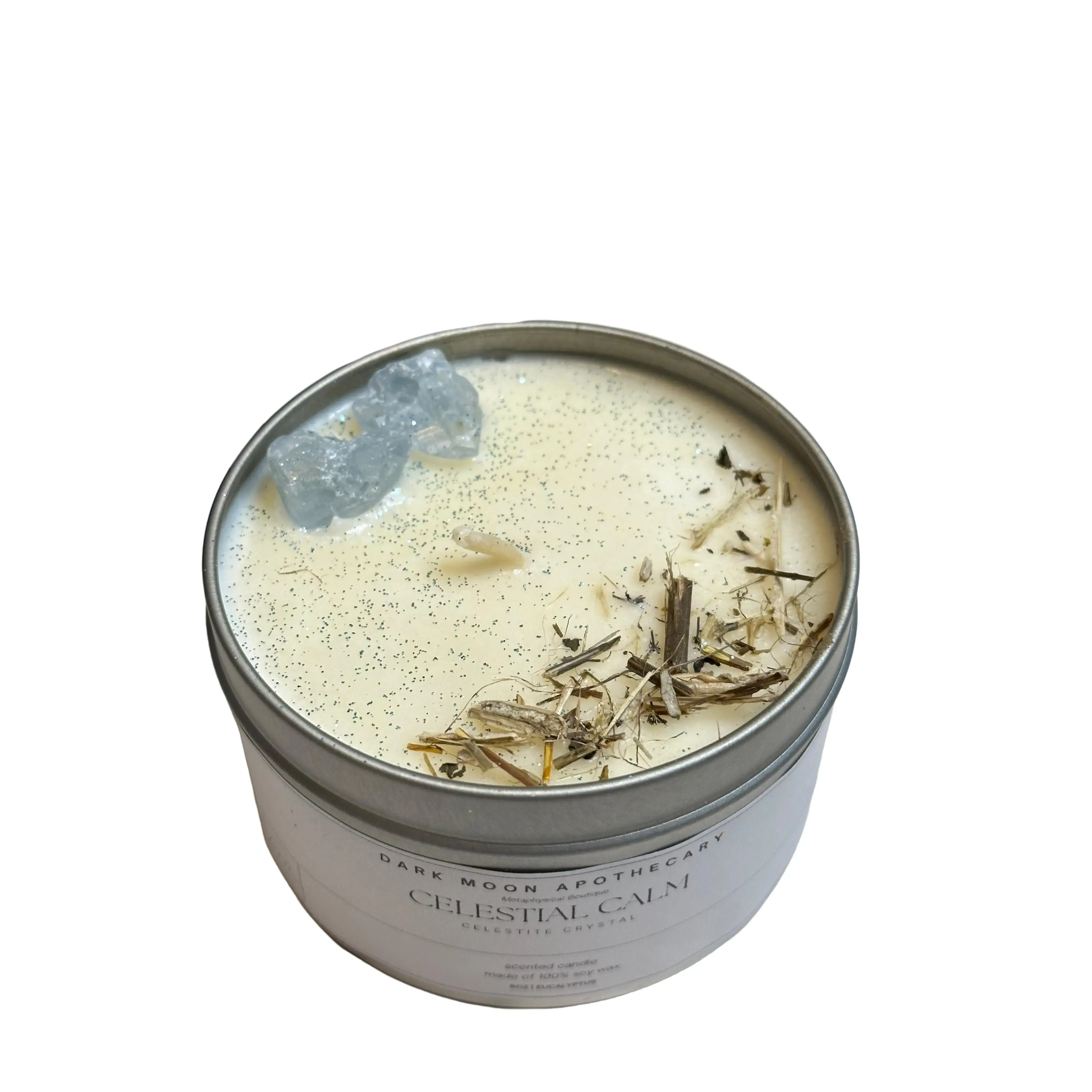 Dark Moon Apothecary Celestial Calm 8oz Handmade Crystal Celestite Eucalyptus Scented Candle with Lemon Balm Decor Ornament