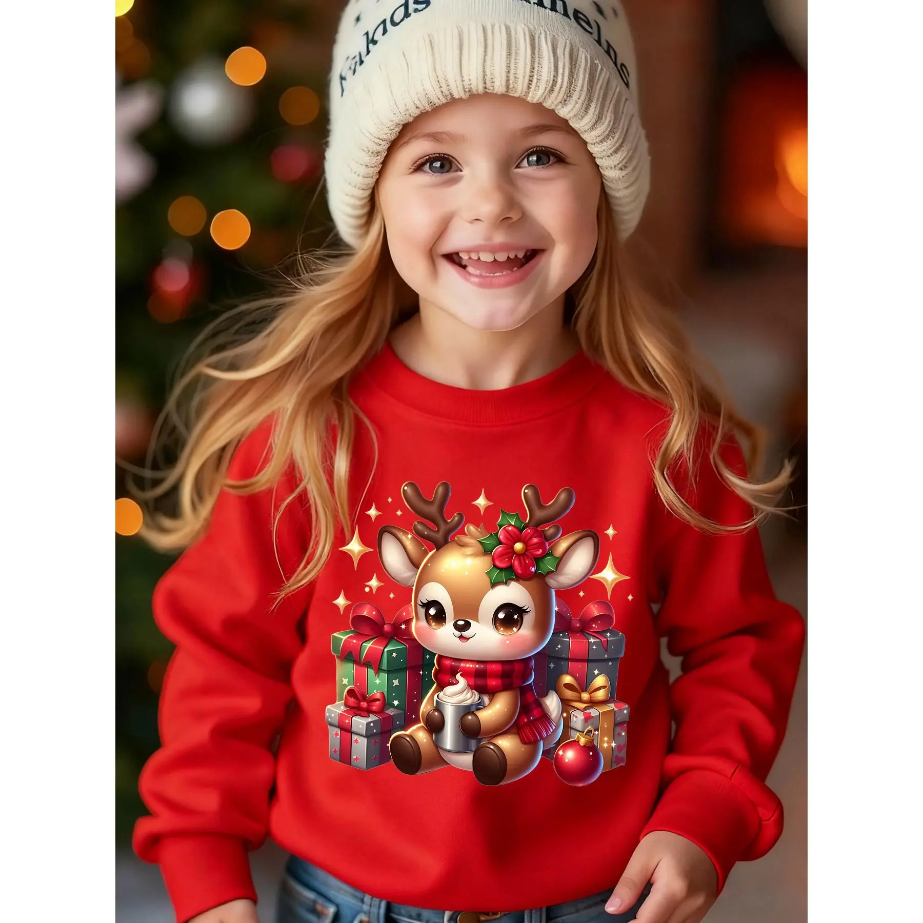 Girls' Christmas Sweater - Winter Warmth with Reindeer & Snowflake Lettering, Soft Round Neck Pullover for Holiday Party Outfits, Easy-care Festive Clothing (w/ Gift Print) - Perfect For Christmas Celebrations, Christmas Sweater For Girls, Cotton, Graphic