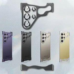 Aluminum Metal Corner Pads & Lens Protector Bumper Case for Samsung Galaxy S24 Ultra S23 Plus S24+ Frameless Shockproof Cover Phonecase