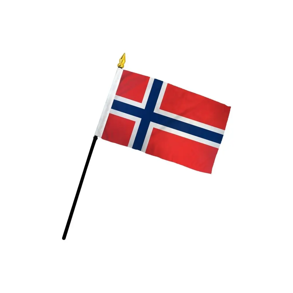 Norway National Flag - 4x6 inch Polyester Stick Flag with Plastic Gold Spear Finial, 3/16 inch Diameter, Bright Colors, Stitched Edge, No Cheap Heat-Cut Desk Display Accessory for Home, Festive Supplies