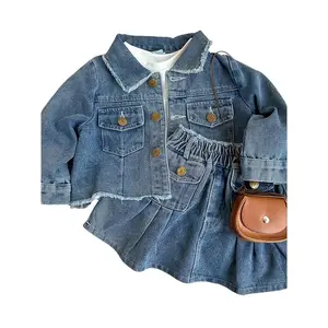 Girls' Spring/Autumn Korean Style Washed Denim Long Sleeve Ruffle Half Skirt Set, Fashionable Two-Piece Outfit, Perfect for Outdoor