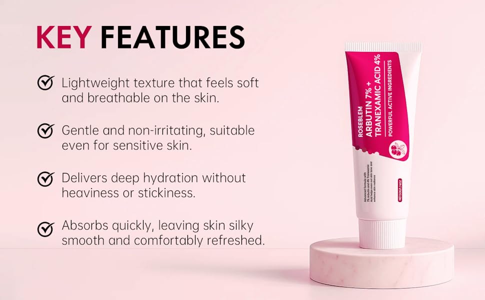 Roseblem 7% Arbutin +4% Tranexamic Acid Cream, 70,000ppm Arbutin and 40,000ppm TXA for Dark Spots Freckles Blemishes & Pigmentation 50ml  Glowing Face