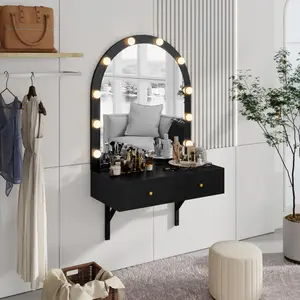 Wall-Mounted Floating Makeup Vanity Desk with 3-Color Lights, Mirror, Power Outlet, Compact Design and Large Storage