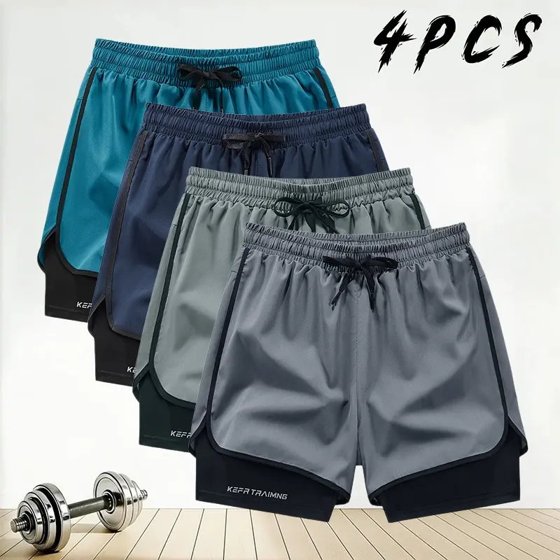 4-Pack Men’s Double-Layer Anti-Exposure Quick-Dry Sports Shorts — Professional fitness style, breathable skin-friendly cool-touch fabric that stays fresh and wicks sweat without feeling sticky. Double-layer anti-exposure lining prevents chafing and doesn’