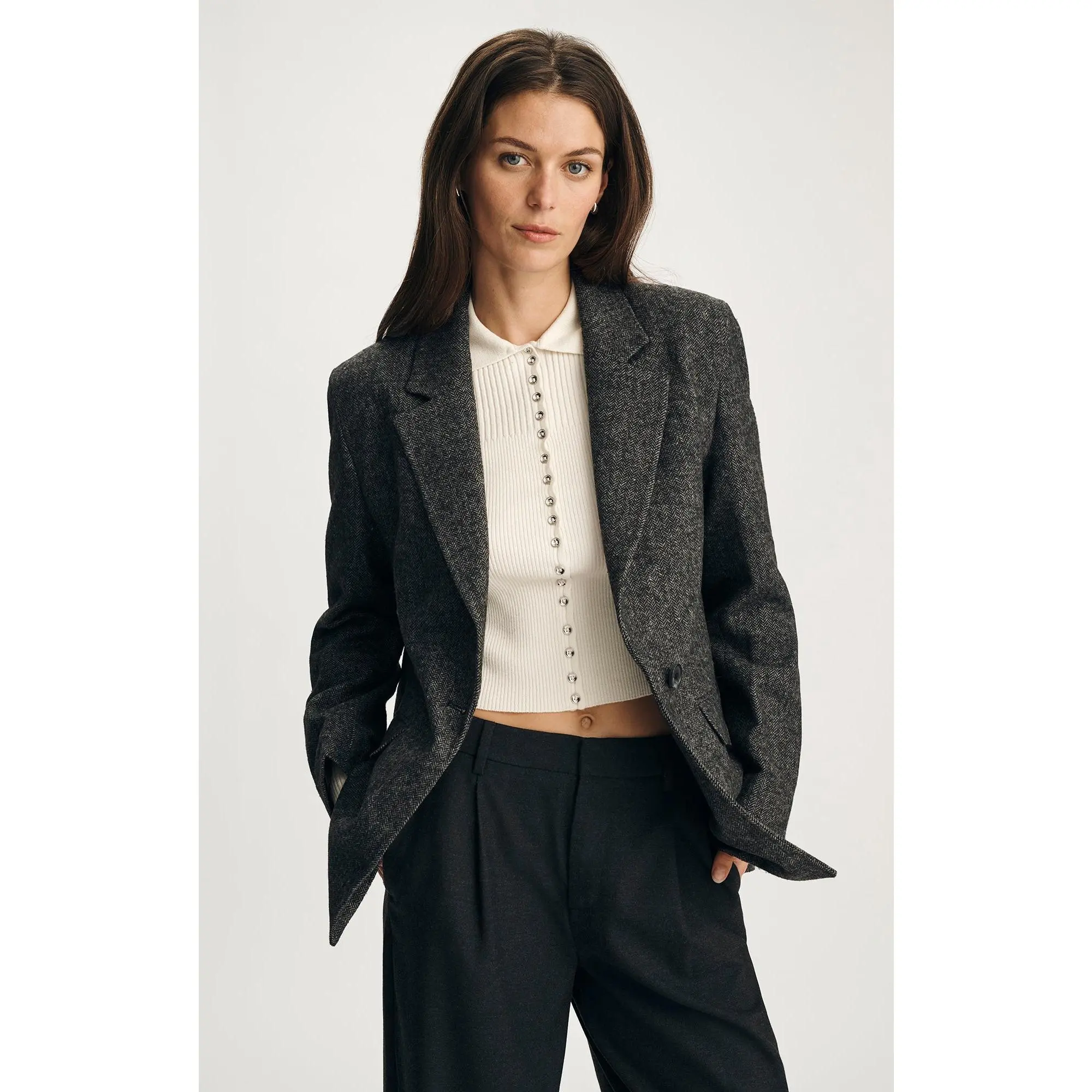 Women's Longline Blazer, Single Button Formal Suit Separate in an Anthracite Melange Polyester Wool Blend Fabric, Formal Suit Separates, Acrylic, Lapel, Refined Closet Essential, Bold Lapels, Below Hips, One Button