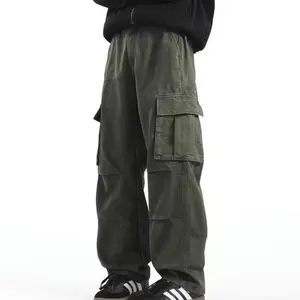 Men’s loose solid cargo pants with pockets and a drawstring waist; casual, comfortable zippered cargo pants for daily outdoor wear; men’s work pants; woven bottoms suitable for all seasons; beige baggy green.
