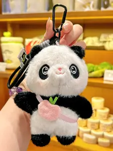 Cute Panda & Pig Plush Keychain Stuffed Animal Bag Charm, Soft Peach Decor Apron Design Small Portable Backpack Pendant Purse Accessory, Key Accessories, For Girls Women Teens, Birthday Gift Party Favor
