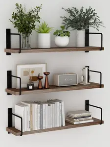 Floating Shelves - 24 Inch Wall Mounted Set of 3 Rustic Wood Shelves for Wall Decor and Living Room Storage (Brown)