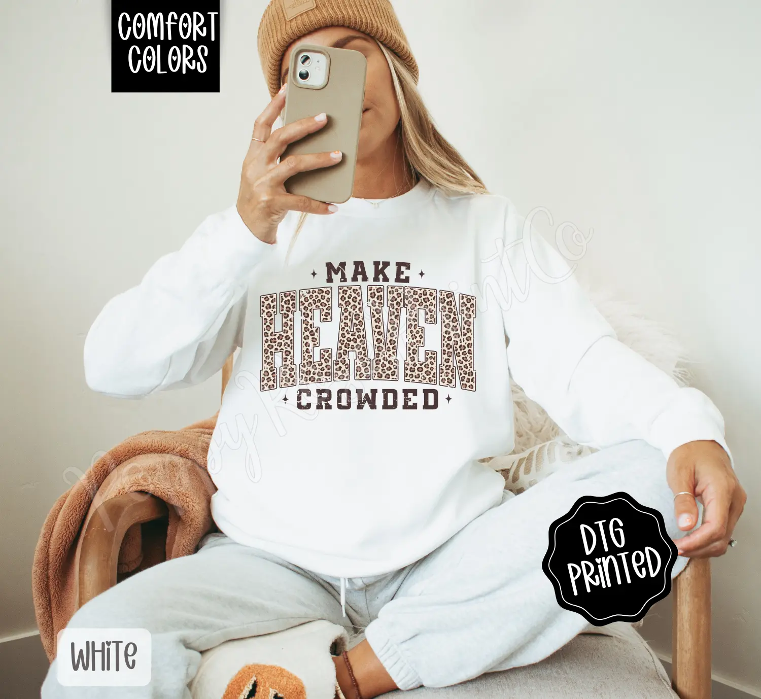 Make Heaven Crowded Leopard Sweatshirt Comfort Colors, Trendy Women's Religious Crewneck