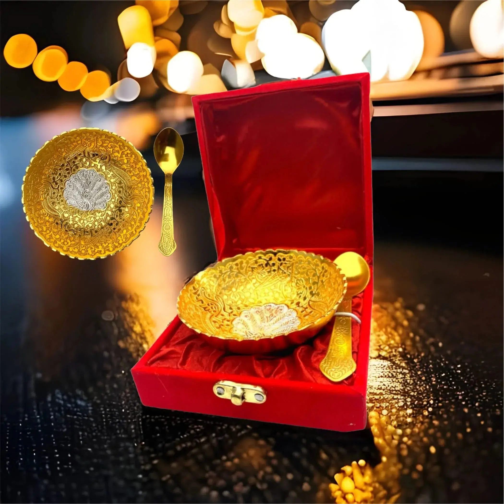 LoveNspire German Gold-Silver Plated Bowl & Spoon Set, Exquisite Cutlery, Perfect Serveware, Gift Boxed Home Supplies for Diwali, Anniversary, Party, Housewarming Celebrations