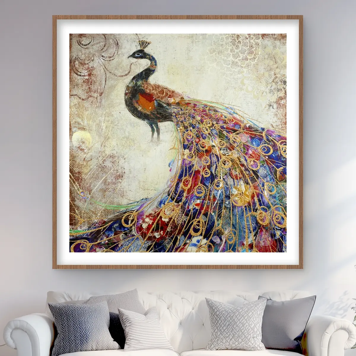 212 MAIN Majestic Peacock Framed Artwork Print - 48x48 in, Framed Matting, Detailed Feather Photo, Indoor Wall Decoration for Living Room Home Decor, Indoors