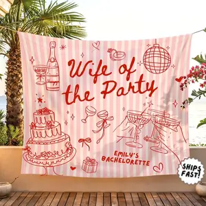 Custom Wife of The Party Bachelorette Tapestry, Personalized Bride Photo Backdrop for Bachelorette Weekend Decor, Pink Red Bach Party Banner