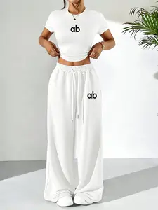 Slimming Ab Letter Two-Piece Set, Short Crop Top + High Waist Wide Leg Pants, Comfortable Stretch Fabric, Yoga Running Daily Wear, Activewear Set