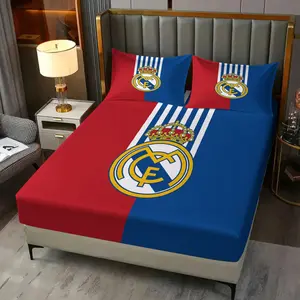 Football Club Fitted Sheet Set (3 Pieces, 1 Fitted Sheet + 2 Pillowcases), Soccer Team Logo Print Bed Sheet Set, Soft Breathable Bedding for Soccer Fans' Bedroom, Ideal Gift for Match Nights