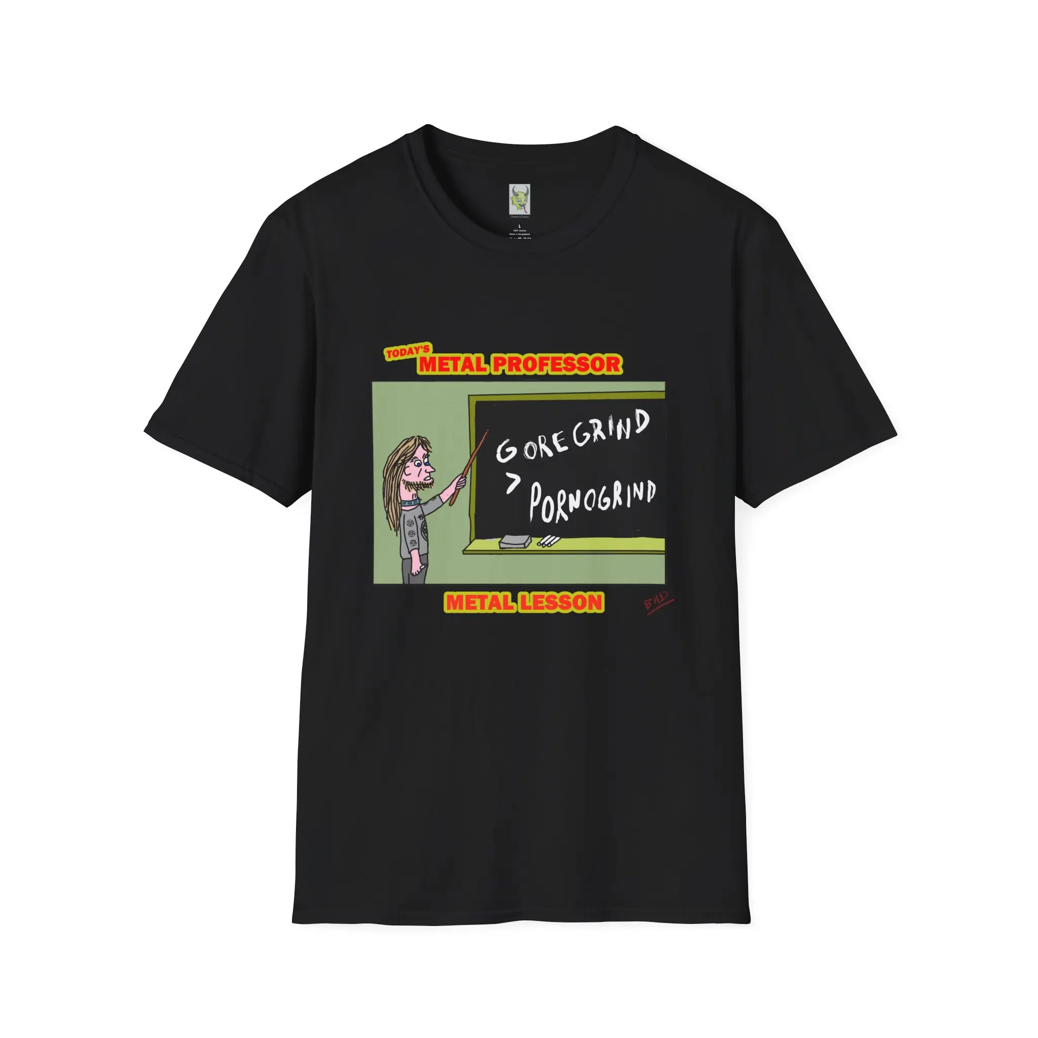 GOREGRIND Metal Professor Graphic Tee, Unisex Softstyle T-Shirt, Music Lover Gift, Alternative Apparel, Cartoon Art Shirt, Fun Statement Top