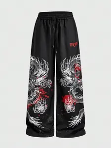 Men's One-Piece Wide-Leg Pants, Elastic Waistband, Side Pockets, Tokyo Art Pattern, Casual Streetwear, Unisex Couple Gift