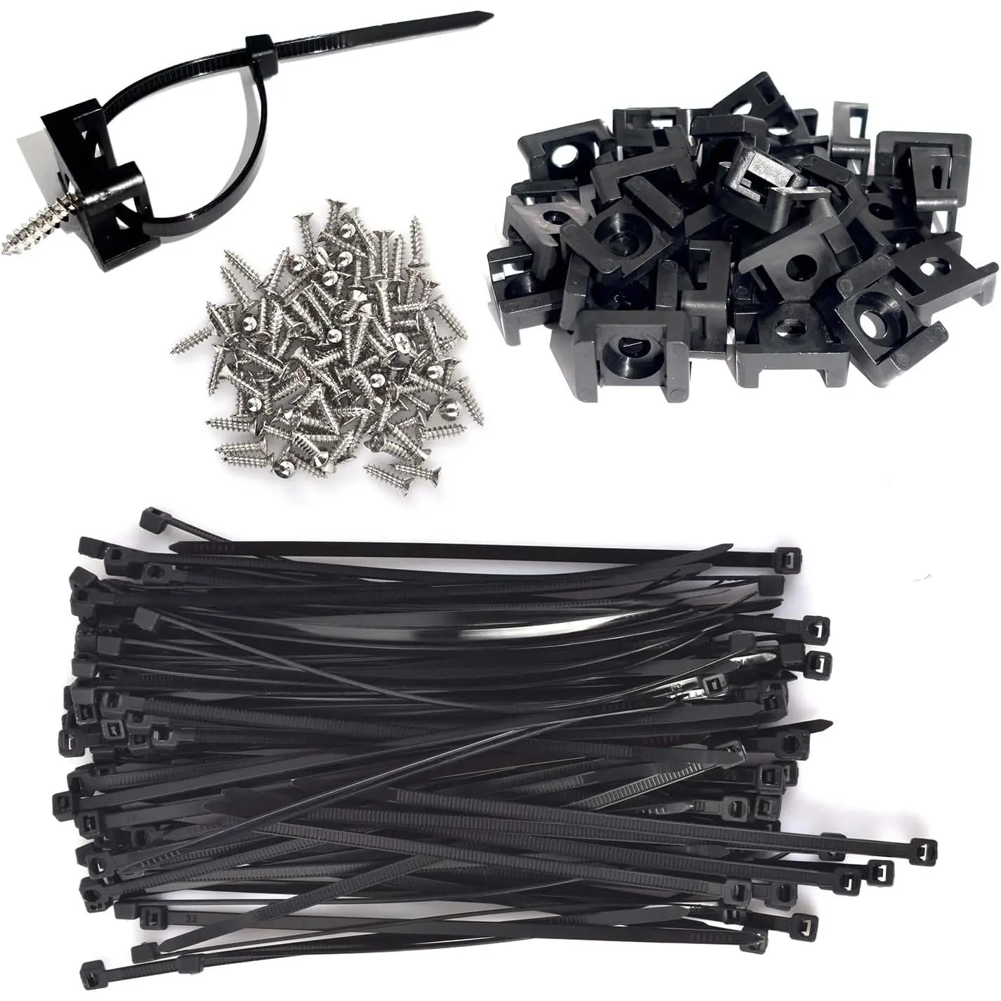 Home Cable Zip Tie Mounts Kit - 55-Set Black Saddle-Type Wire Clips Organizer Holders with 6" Ties and Tapping Screws for Outdoor Use