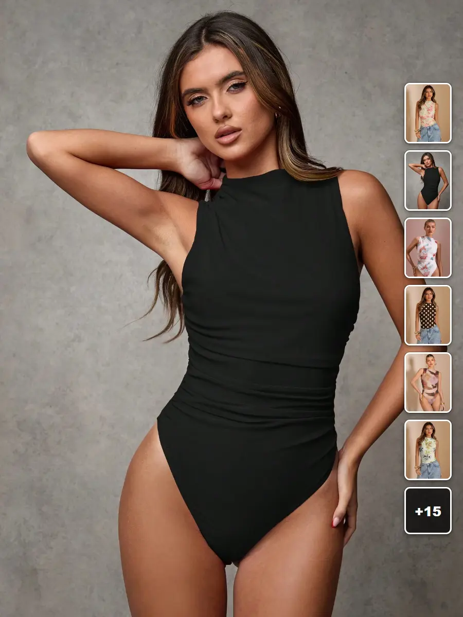 BLUELIFE Ruched Bodysuit Sleeveless Burgundy Black Going Out Date Night
