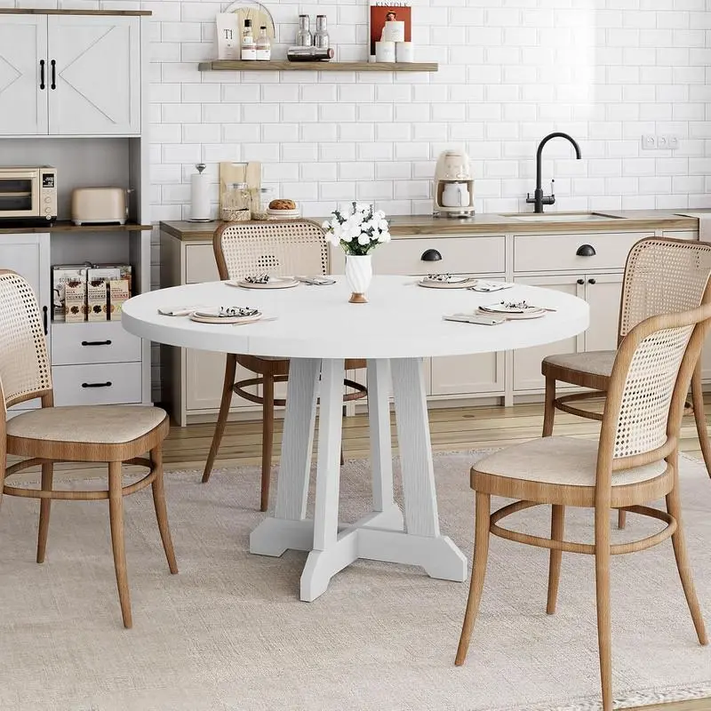Gaomon 47" Round Solid Wood Pedestal Dining Table - 4-Piece Tabletop, Sturdy Height-Adjustable Base, Quick Setup, Fits 4 People, Indoor Furniture for Kitchen, Dining Room