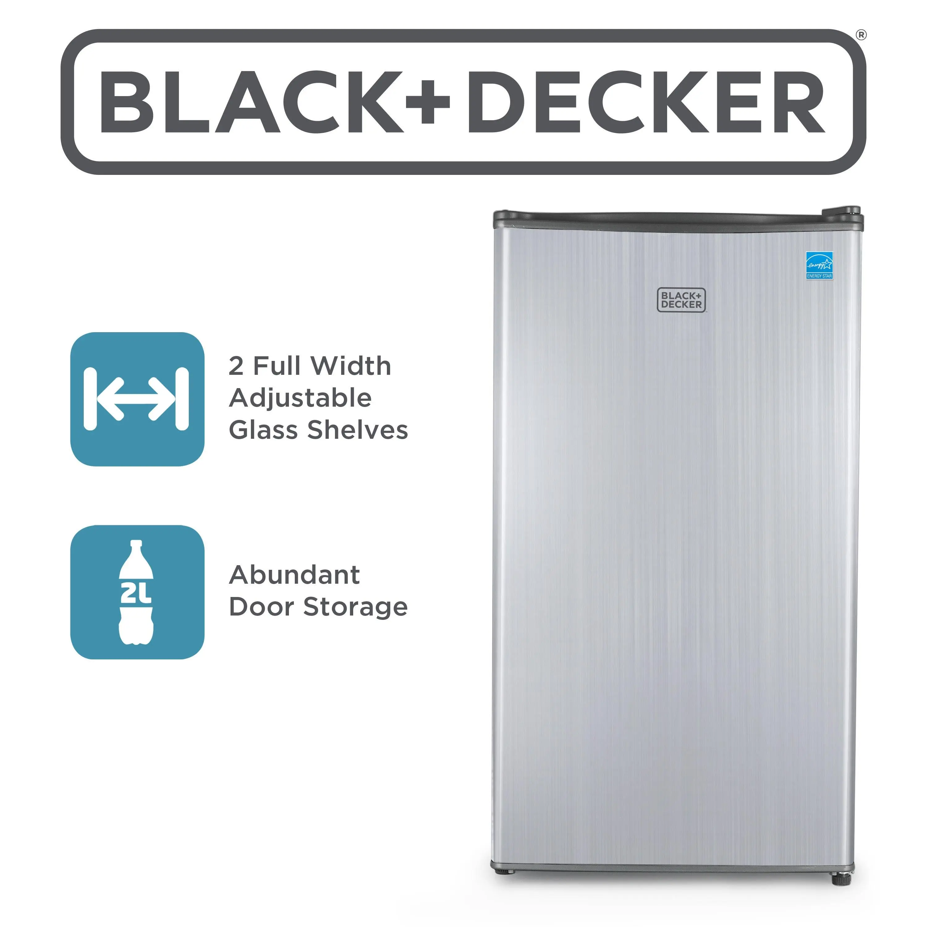 BLACK+DECKER 3.2 Cu. Ft. Compact Refrigerator, ENERGY STAR Small Refrigerator, Single Door Mini Fridge with Chiller Compartment, Personal Fridge for Home or Dorm Room, BCRK32V, Stainless Look, New, Mini Fridges