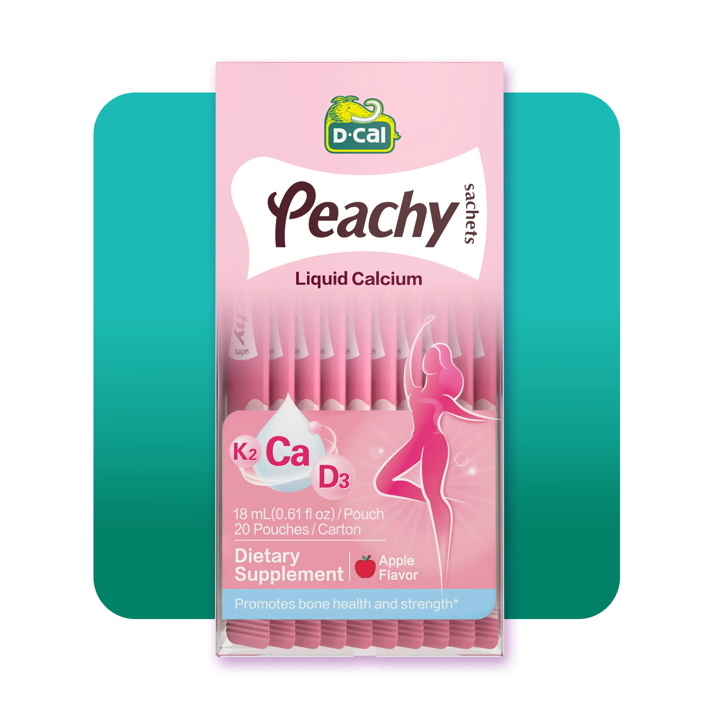 D-Cal Peachy Liquid Calcium Supplement, Apple Flavor Liquid Sachets for Prenatal, Postnatal, & Women’s Bone Health Support, High Absorption Calcium Citrate with Vitamin D3, Vitamin K2 Fast-Absorbing Antacid Relief, 20 ct
