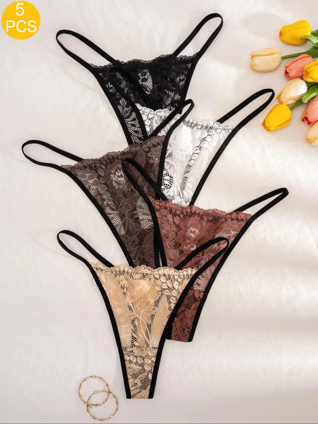 Women's Solid Color Floral  Lace  Thong, Soft Comfy Breathable Elegant Panty for Daily Wear, Women's Underwear for All Seasons