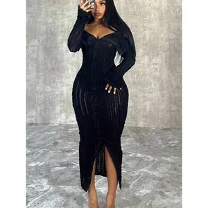 Stretchy Long Sleeve Off-Shoulder Bodycon Dress-Chic Wave Pattern,Machine Washable Polyester Blend-Perfect for Summer/Fall Black Party Fabric Formal