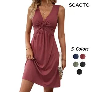 Scacto Vibrant Solid Color Twist Front Knit Dress - Elegant V-Neck Sleeveless Polyester Dress For Women - Customized Summer Fashion With Micro Elasticity And No Printing