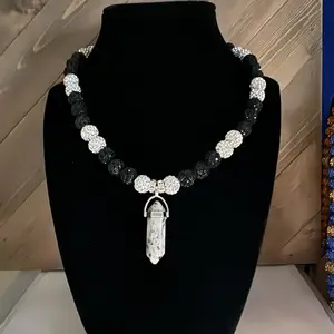Handcrafted Beaded Necklace with White and Black Rhinestone Beads, White Charm Pendant, Stretchy String, Durable Plastic Rubber Cord