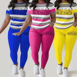 Plus Size 2-Piece Set | Letter Print Crew Neck T-Shirt & Fitted Pants | Comfortable & Trendy Activewear for Curvy Women | Perfect for Casual Wear