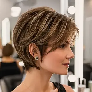 2026 New Wholesale Women's 180% Density Brazilian Remy Human Hair Wig - Short Pixie Cut with Bangs, Glueless Straight Hairstyle, Natural Brown/Blonde Highlights, Rose Net Cap |   No Glue Needed,