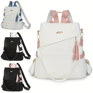 Elegant Women's Anti-Theft Lightweight Multifunctional Backpack 👜 - Chic White with Pink Accents, Large Capacity PU Bag with Adjustable Straps & Tassel Details, Travel & Daily Use, Black Friday Deal: Christmas/New Year Gift