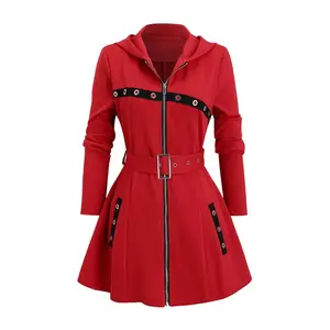 Women's Solid Belted Zipper Pocket Hooded Jacket, Fashion Casual Grommet Eyelet Long Sleeve Casual Cute Outerwear for Daily Outdoor Wear, Women Clothing for Fall & Winter