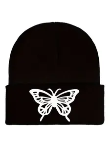 Unisex Butterfly Print Multicolor Knit Beanie Hat, Casual Fitted Design for All Seasons, Men and Women Fashion Accessory
