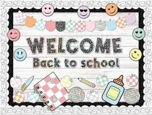 94pcs Composition Notebook Bulletin Board Welcome Back to School Classroom Bulletin Board Decor Smile Face Stationery Paper Cutout for First Day of School Chalkboard Wall Door(Classic)