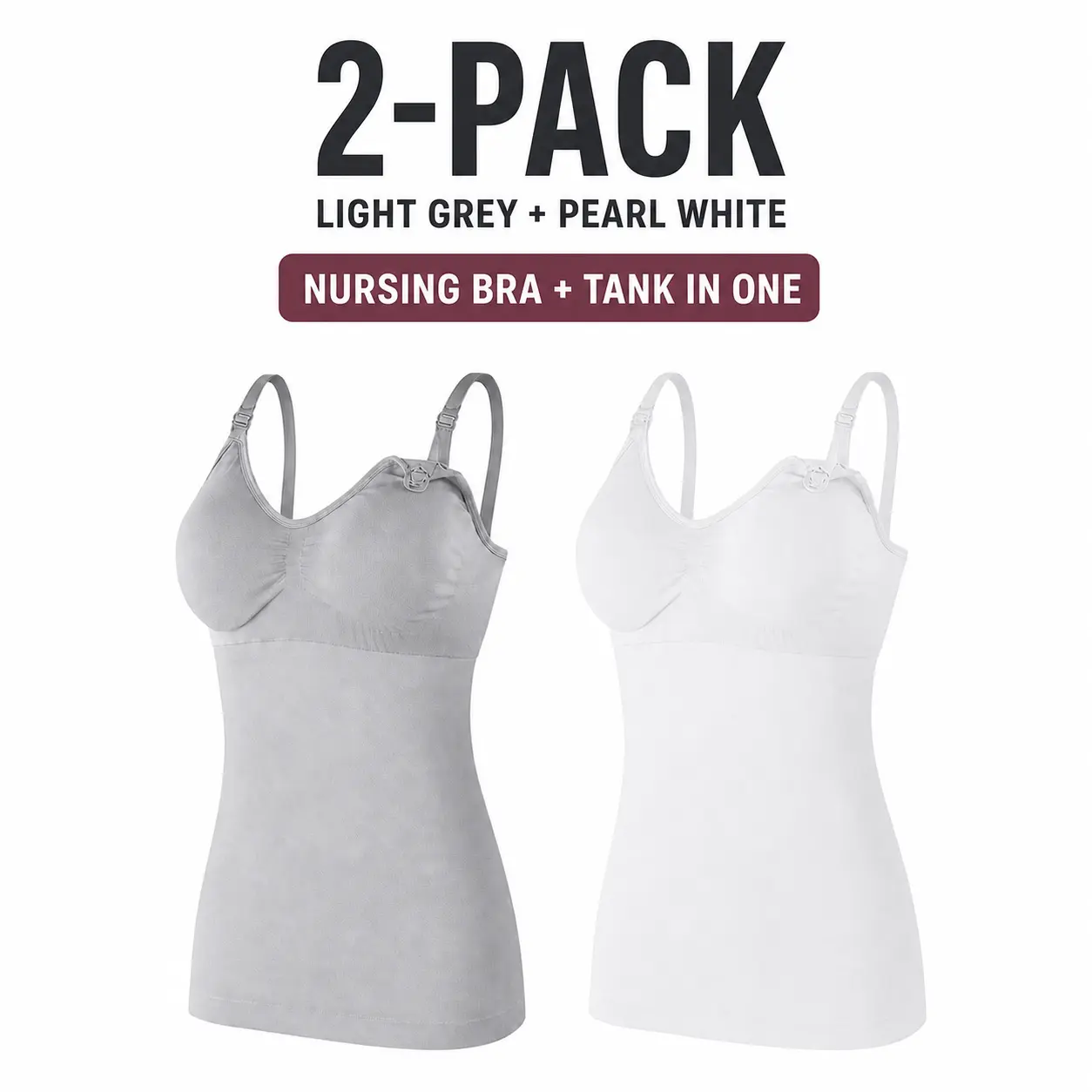 2-Pack Maternity Nursing Tank Tops with Built-In Bra, Clip-Down Breastfeeding Camisoles, Grey and White