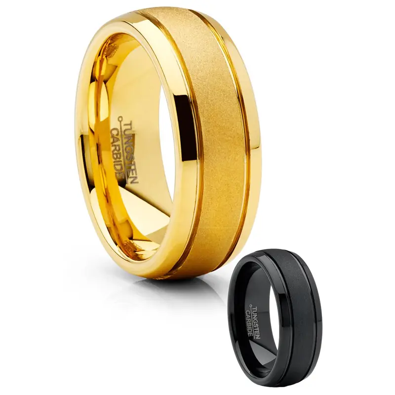 Men's 8mm Wide Elegant Ring - Scratchproof Tungsten Carbide Wedding Band, Black Plated Goldtone, Dome Sandblasted Edge, Grooved Center, High Polish, Contoured Inner Surface for Comfortable Fit, Sizes 7.5/8.5/9.5, with Complimentary Jewelry Ring Box