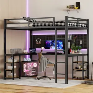Metal Loft Bed with Desk and Shelves, Ladder and Guardrails, Space-Saving Frame for Bedroom, Black