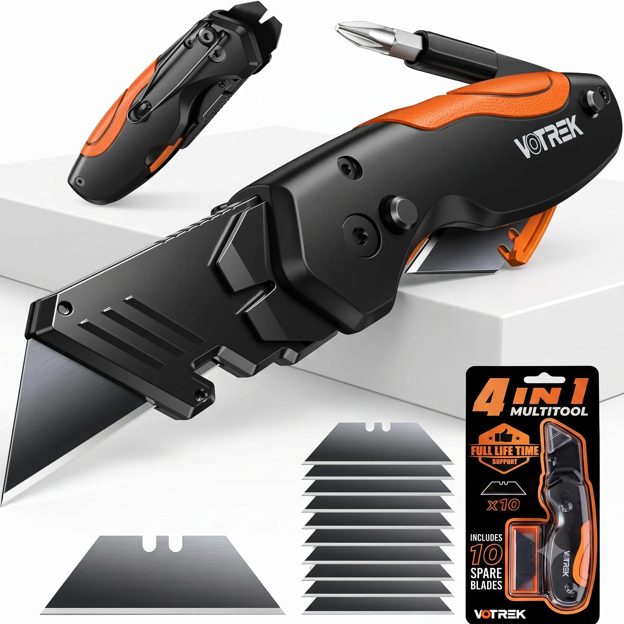 VOTREK 4-in-1 Folding Carbon Steel Utility Knife - Quick Change Retractable Blade, 10 SK5 Blades, Screwdriver, Pry Bar, Rope Cutter, Belt Clip, Ideal for DIY Camping, Dad Gift