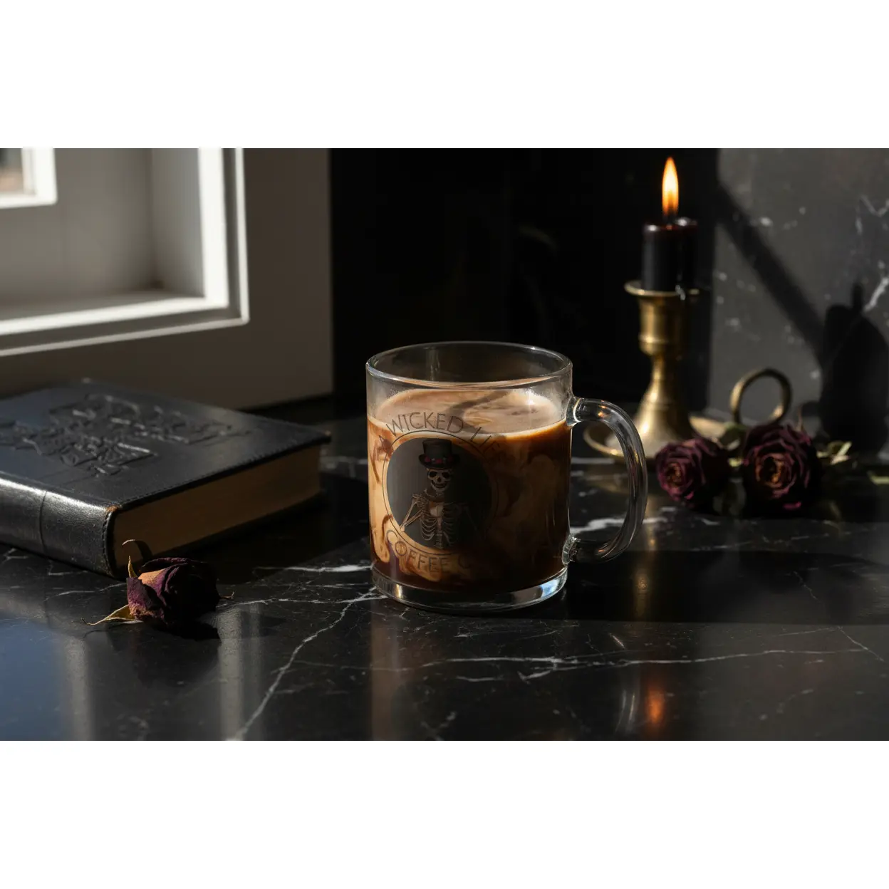 Gothic Skeleton Glass Mug with Handle - A Wicked Life Coffee Co Logo Print, Heat Resistant Spooky Mug, Skeleton Lover Graphic, Ideal for Gothic Coffee Enthusiasts
