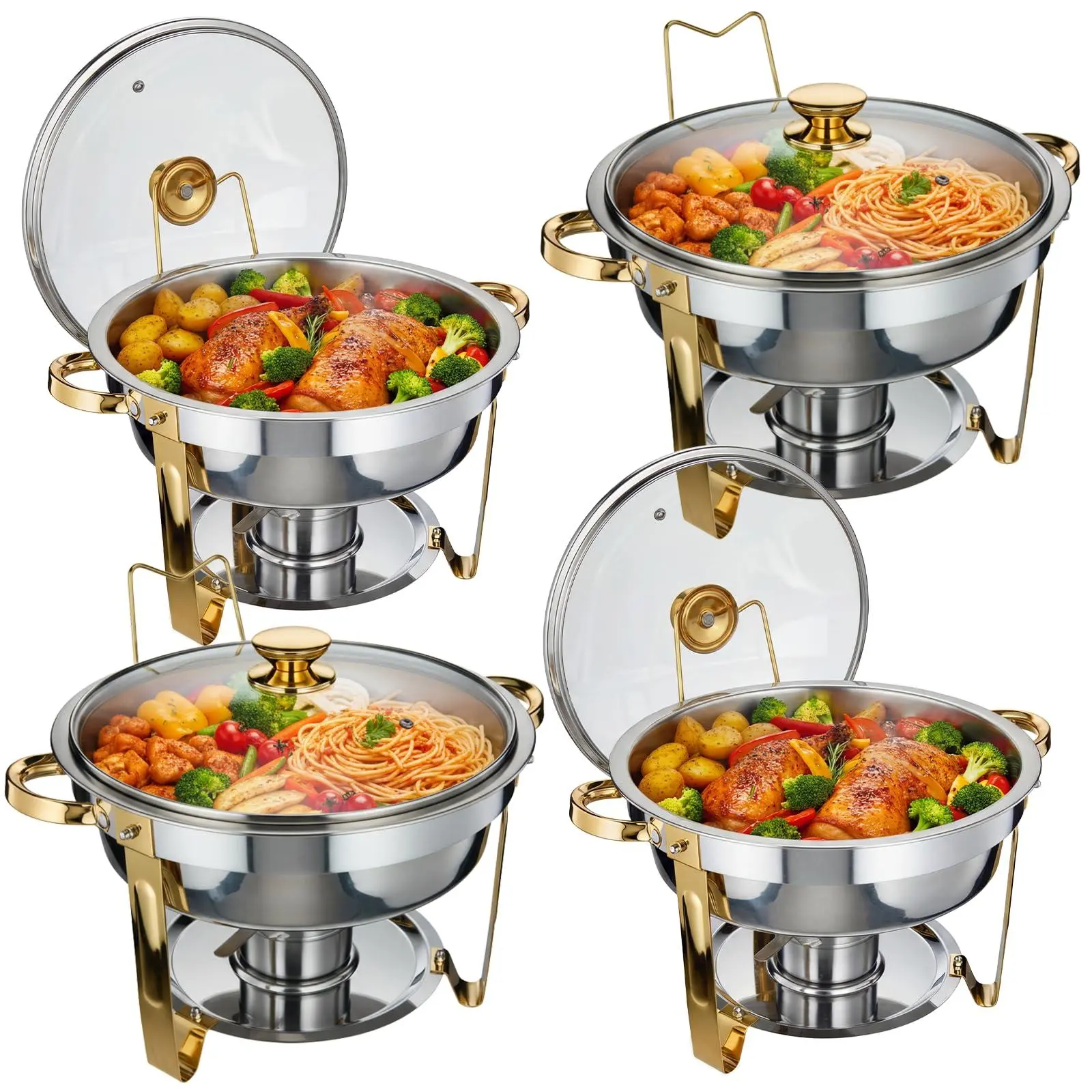 Superior Buffet Food Warmer Chafing Dish Set – 4-Pack 5QT Round Gold Stainless Steel with Glass Lids – Rust-Resistant, Dishwasher Safe, Large Capacity, Includes Fuel Holders – Ideal for Catering