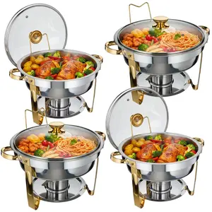 Superior Buffet Food Warmer Chafing Dish Set – 4-Pack 5QT Round Gold Stainless Steel with Glass Lids – Rust-Resistant, Dishwasher Safe, Large Capacity, Includes Fuel Holders – Ideal for Catering