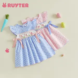 1-5 Years Easter Dress for Toddler Girl, Baby Easter Outfit with Flying Sleeves & Rabbit Embroidery, Plaid Print A-Line Dress for Egg Hunt Party