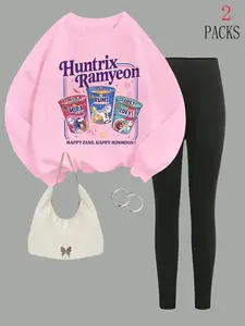 Women's Fall Winter Casual Sportswear Set, Monster Ramen Print Hoodie & Tight Pants, Pocket Style, Loose Fit, Daily Wear