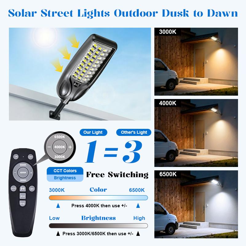 Solar Street Lights Outdoor 3 Modes Adjustable LED Motion Sensor Security Wall Lamp IP65 Waterproof Remote Control Flood Light Wall Mount 3 Lighting Colors Free Switching for Garden Yard Pathway Pond